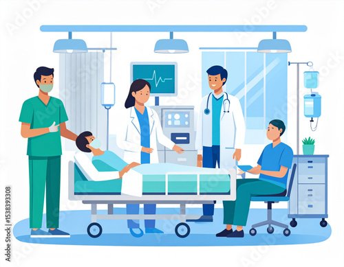 Illustration of medical staff tending to a patient in a hospital bed, with a visitor present.