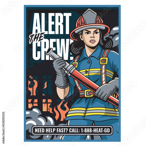 Vector Illustration of Woman Firefighter Carrying Fire Hose with Detailed Illustration Available for Poster