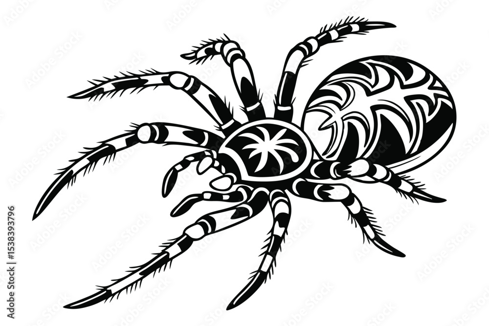 Obraz premium Detailed depicts a black spider with intricately patterned legs and abdomen over white