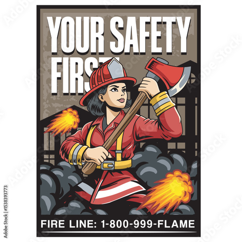 Vector Illustration of Woman Firefighter Carrying Axe with Detailed Illustration Available for Poster
