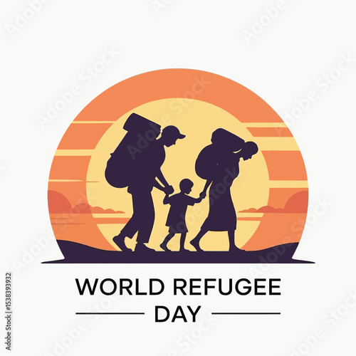 Silhouette Family Walking Sunset Orange Background World Refugee Day Vector Illustration
