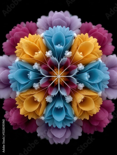 Close-up of a colorful, symmetrical flower arrangement with vibrant petals on a black background