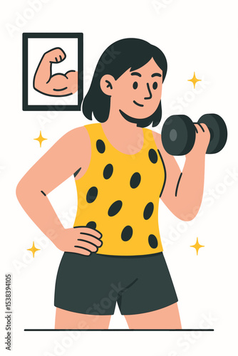 Flat style fitness vector illustration of a strong woman lifting dumbbells at home – workout, strength training, healthy lifestyle