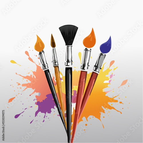 A vibrant vector illustration showcasing a collection of colorful paintbrushes with dynamic paint splashes, perfect for artistic and creative design projects.