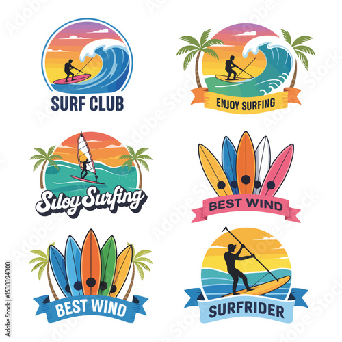 Six Colorful Surf Club Logos Featuring Silhouettes Surfboards Sunset Ocean Waves Surfing vector
