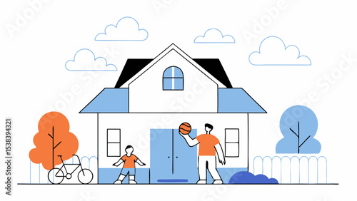 Happy Family Playing Basketball in Front of Their House