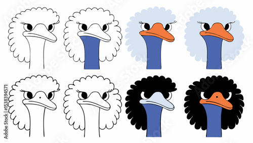 Cartoon Ostrich Head Illustrations  Black, White, and Color Variations