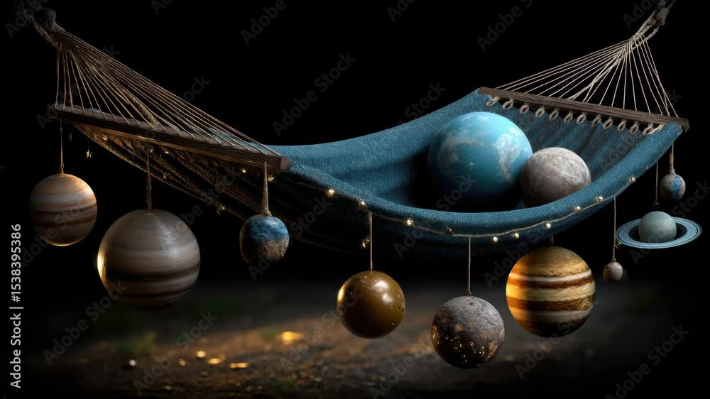 A hammock containing models of the solar system planets including Earth, Mars, Jupiter and Saturn with rings, suspended against a dark background with garland decorations