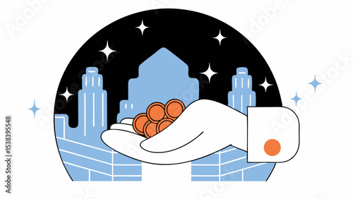 Hand Offering Coins Against Cityscape at Night