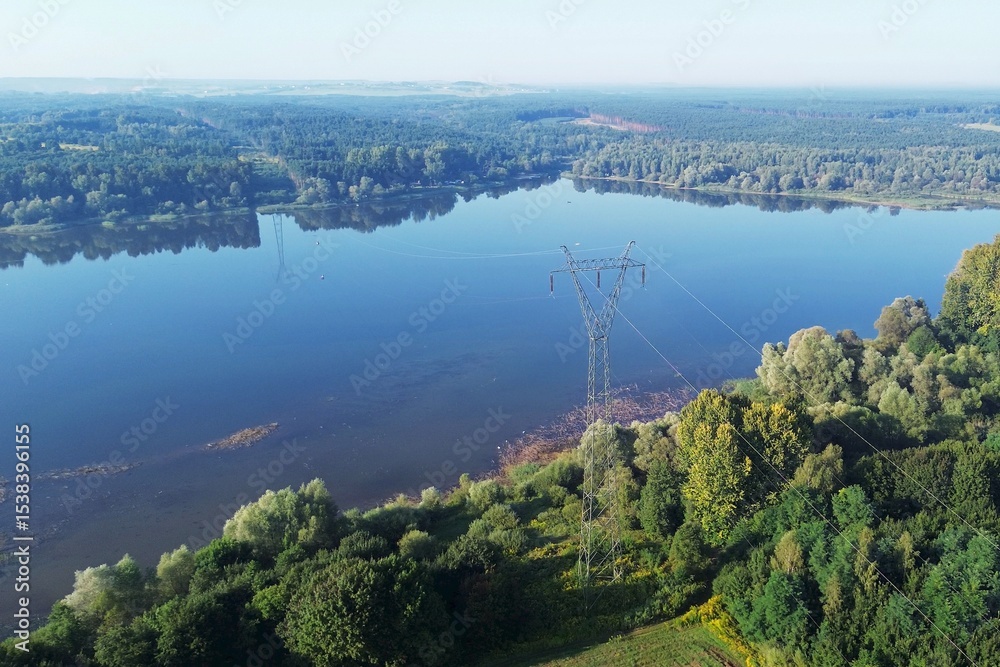 custom made wallpaper toronto digitalIndustrial power tower over natural lake and forest