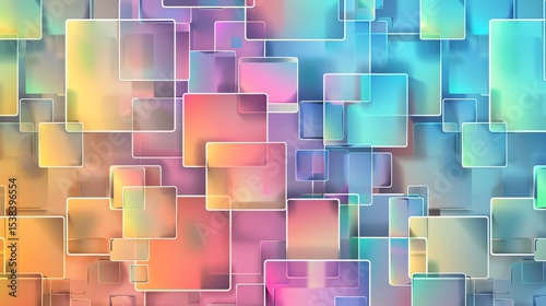 Abstract background with soft pastel colors. Overlapping squares with rounded corners and glowing edges create a sense of depth and dimension.