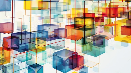 Colorful 3D rendering of interconnected cubes. The cubes have different sizes and colors, and they are connected by a network of lines.