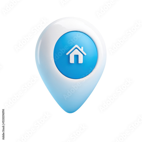 A blue and white map pin icon featuring a house symbol in the center, representing home location or real estate.