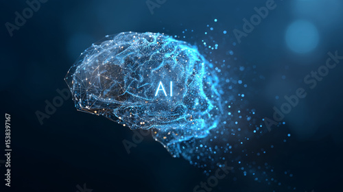 Glowing particles form a digital brain with the acronym AI, representing neural networks and cutting-edge tech on a blue backdrop