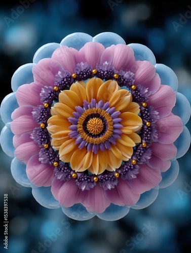 Abstract floral mandala with vibrant colors and detailed textures against dark background