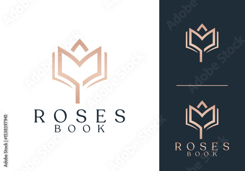 abstract roses with book logo. flower luxury beauty symbol vector design concept
