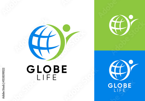simple globe and people logo. happy health care symbol vector design