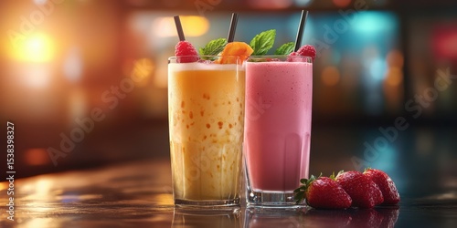 Colorful fruit smoothies placed on a bar counter during a vibrant evening gathering with bright lights