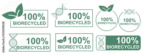 100% Biorecycled Label Collection isolated on transparent background. Seven different biorecycled certification labels featuring leaves, DNA helixes, in green eco-friendly styling. Vector illustration