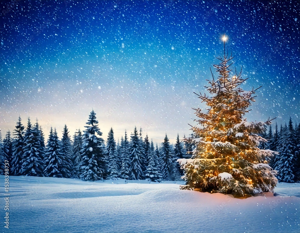 Fototapeta premium Beautiful Christmas and New Year's background with decorated Christmas tree in fluffy snowdr