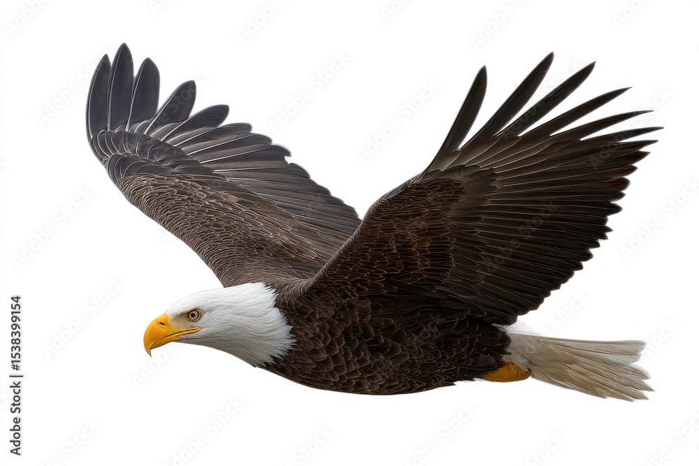 Fototapeta premium Eagle in flight wings outstretched white head brown body poised against a clean white background