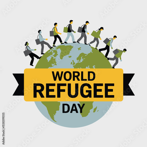 World Refugee Day Olive Green Globe People Walking Yellow Banner Vector
