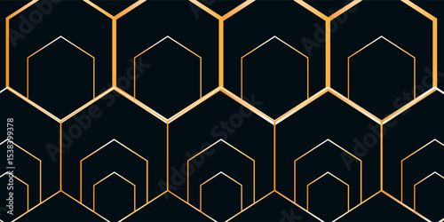 Modern luxury horizontal banner background with layers of golden hexagon shapes and shadow decoration. Trendy simple pentagon shape texture design. Luxury and elegant concept, vector