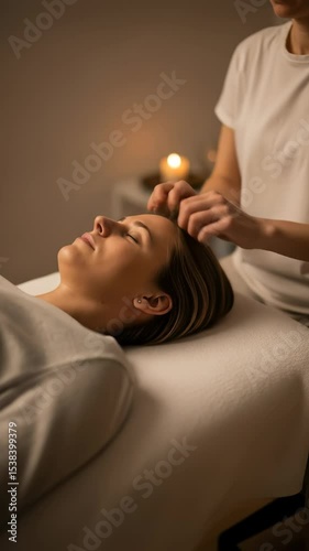 Woman having a relaxing head massage at a spa by a masseuse, enjoying wellness and self-care in a tranquil setting, footage.