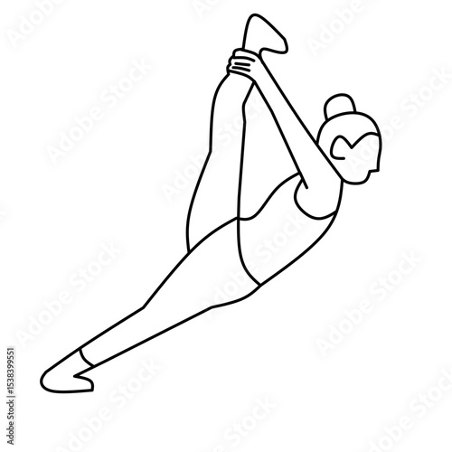A simple black and white line drawing of a person in a yoga pose, specifically Warrior II, with one leg bent at the knee, the other leg extended straight back, and arms outstretched in opposite direct