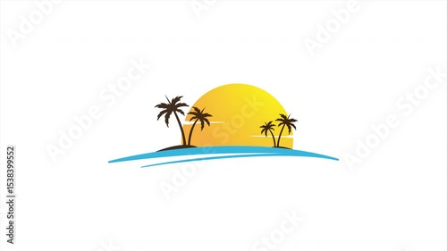 Exotic islands. Animated logo with palm trees, sunrise and seagull. An idea for a hotel, resort, vacation, travel and creative design. Visualization of advertising content