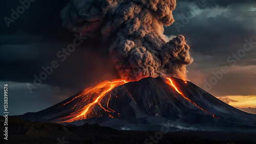 Volcanic Eruption Fiery Rivers of Lava and Erupting Ash Plume