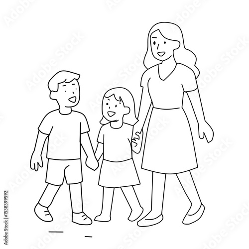 Simple line art of a mother walking hand-in-hand with her two happy children, a boy and a girl. Depicts family, childhood, togetherness, love.


