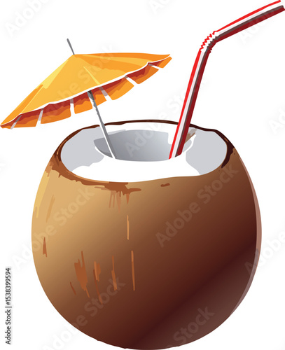 Tropical Coconut Drink with Umbrella and Straw on Beach