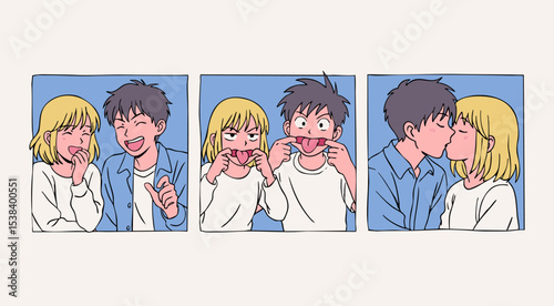 Portraits of lovely young couple kissing, smiling, fooling around. Anime, manga, kawaii asian style. Hand drawn Vector illustration. Love, relationship, Valentine's Day, emotions, dating concept