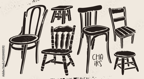 Various Chairs, interior set. Traditional, elegant dining setting, tall short chair, stool, wood decor. Different positions. Hand drawn Vector illustration. Isolated design elements. Wooden aesthetic