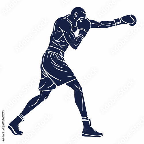 Stylized Vector Illustration of a Boxer Throwing a Punch in Navy Blue