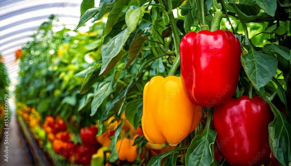 Growing sweet peppers in a greenhouse close-up. Fresh juicy red and yellow peppers on the br.jpg Growing sweet peppers in a greenhouse close-up. Fresh juicy red and yellow peppers on the br.jpg