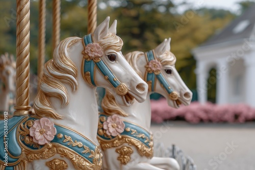 Carousel horses in ornate detail with gold accents and pastel colors against a blurred park background