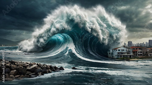 Immense Ocean Wave Crashing Near Coastal City A Powerful Visual of Nature's Fury