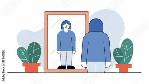Person Looking in Mirror, Self Reflection, Minimalist Illustration