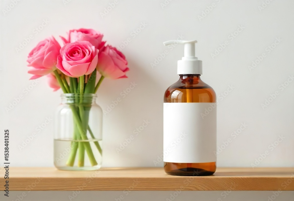 A light brown bottle with a white label sits on a wooden shelf, next to a vase of pink flowers.
The scene composition is simple and uncluttered. A light brown glass bottle A light brown bottle with a white label sits on a wooden shelf, next to a vase of pink flowers.
The scene composition is simple and uncluttered. A light brown glass bottle