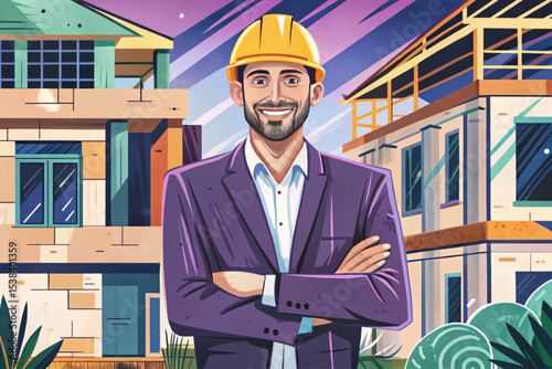 Architect smiling proudly on construction site, showcasing creativity, building design, architectural planning, and professional success in modern urban development projects