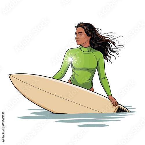 Young Woman with Long Brown Hair on Beige Surfboard in Ocean Wearing Green Wetsuit girl female