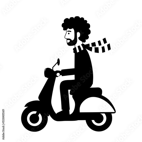 Stylized black silhouette of a man riding a Vespa scooter with scarf flying in the wind. Ideal for vintage, transportation, or character-themed artwork