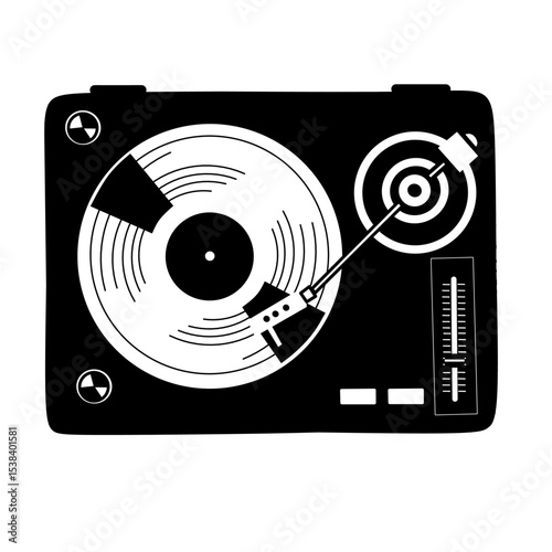 Black and white vector illustration of a classic turntable with vinyl record. Perfect for retro music, DJ, and vintage audio-themed designs
