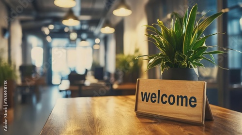 Close-up of a stylish welcome placard on a reception desk, conveying warmth, inclusion, and a professional onboarding process in a contemporary workplace
