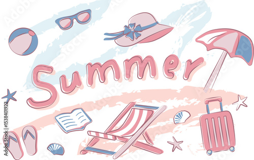 Pastel Mediterranean summer vector illustration with beach elements like hat, suitcase, umbrella, and flip-flops in soft pink tones