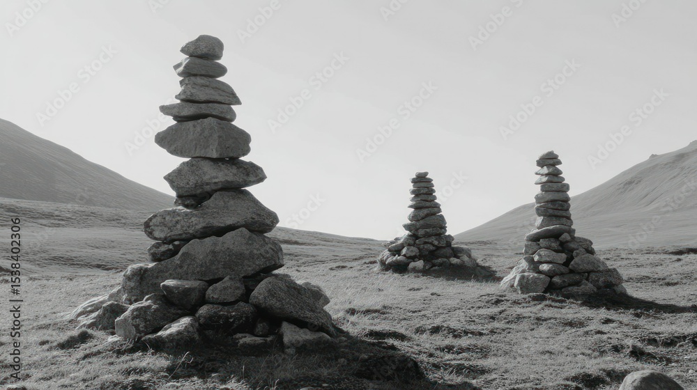 Obraz premium Three stone cairns stand in a grassy field against a backdrop of mountains