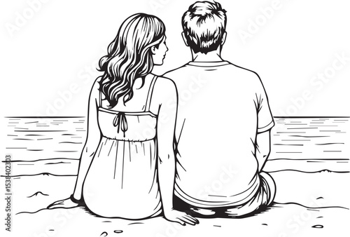 Couple Beachside Contemplation: A romantic illustration depicts a couple seated on a sandy beach, gazing at the tranquil ocean, symbolizing togetherness and quiet contemplation. 