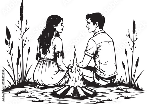 Candid Connection: A pair of individuals, lost in the moment, sit around a crackling fire, their hands intertwined. The flames cast dancing shadows.